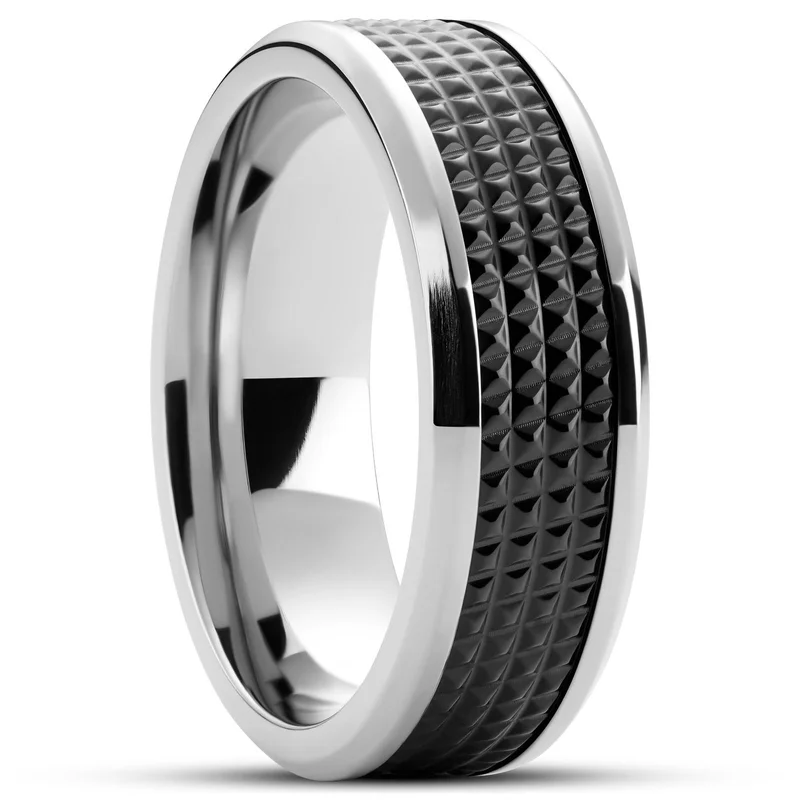 Hyperan | Anillo de titanio plateado con patrón de diamantes negros de 8 mm for Men