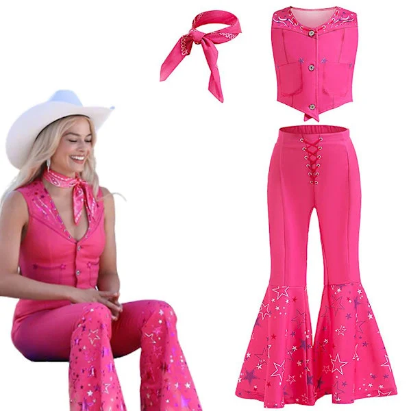 Jenter Barbie Kostyme Rosa Vest Lange Slengbukser Bukser Med Skjerf Film Cosplay Kostyme Antrekk For Barn Halloween Karneval Fancy Dress Up
