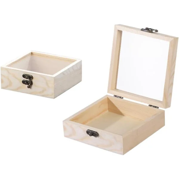 12x12x5 cm Firkantet Oppbevaringsboks i Tre med Glasslokk, Jernlås, Ubehandlet PapayaWhip Stash Boks Smykkeutstillingsboks Beholder for Smykker