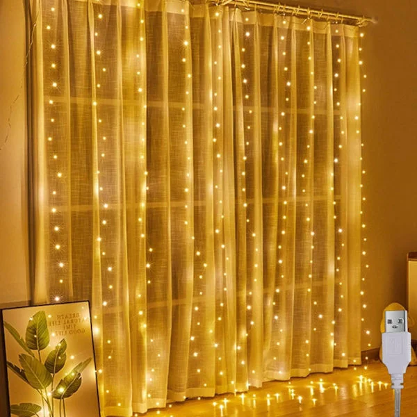 3 x 2 m Curtain Lights, Indoor Curtain Lights, 200 LED, USB Hanging Curtain Lights, Warm White, for Christmas, Wedding Party, Bedroom Wall Decoration