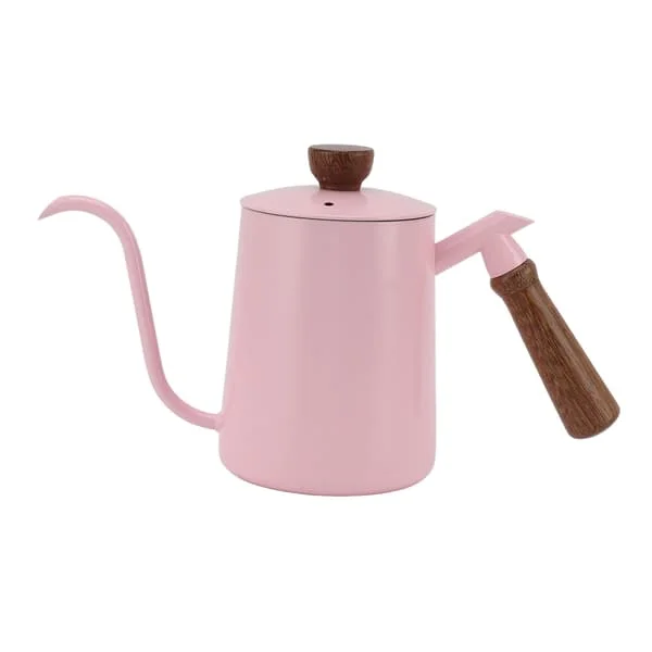 600 ml Gooseneck kaffetrakter 304 rustfritt stål lang tut vannkoker trehåndtak hell over kaffe tekanne rosa