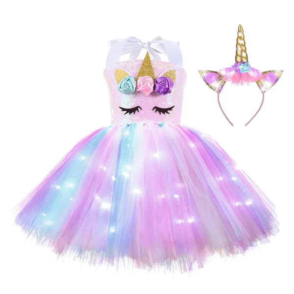 Lasten tyttöjen yksisarvisasu LED-valot Tutu-mekko + panta-setti Cosplay-karnevaalisyntymäpäiväjuhlat B 4-6 vuotta vaaleanpunainen 6T(110-125cm)