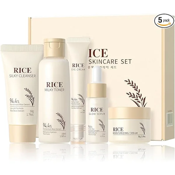 Koreansk hudvårdsset, Glass Skin Care presentförpackning, Ris hudvårdsset & kit - Rengöring, Toner, Serum, Kräm, Ögonkräm, Ansiktskit GUL