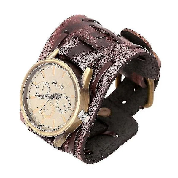 Herr Retro Armbandsur Bred Läderrem Manschett Vintage Quartz Armbandsur Brun