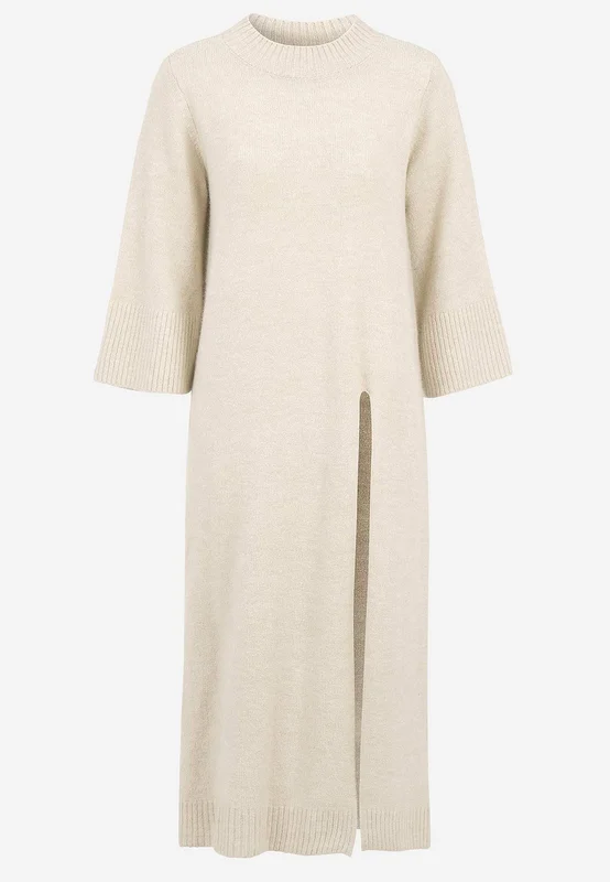 Cellbes of Sweden - Strikket kjole med høy splitt i lys beige / melert for damer i størrelse 34/36