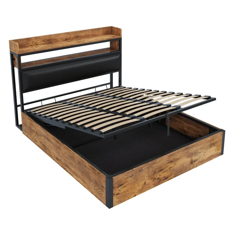 AliExpress - Bettgestell 180x200 mit Hydrauliklift, USB, Vintage-Design aus Holz und Metall, Versteckter Stauraum Moderne Schlafzimmermöbel