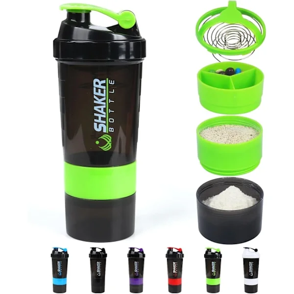Protein Shaker Flaska, Läcksäker Sportvattenflaska för Protein Mixer - Halkfri 3 Lager, 47 cl Shake Kopp med Pillbox (Svart)