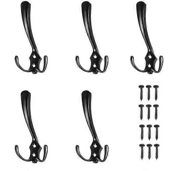 5-pack - Triple Wall Hook / Coat Hooks - Coat Hanger Black