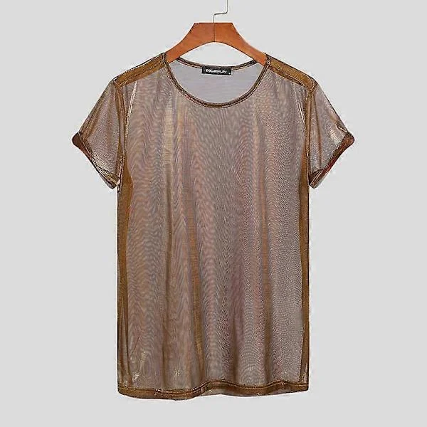 INCERUN Sommer Herre Kort Erme Se Gjennom Mesh Skjorter Party Clubwear Slim Fit T-skjorter
