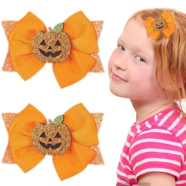 Halloween Pumpkin Hair Clip, Halloween Hair Clip for Girls Orange Bow Glitter Butterfly Pumpkin Hair Clips for Hallo