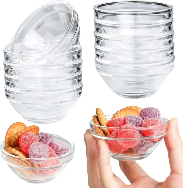 Ten mini glass bowls, 75 ml each, small and round, perfect for mixing sauces, holding spices, reusable.