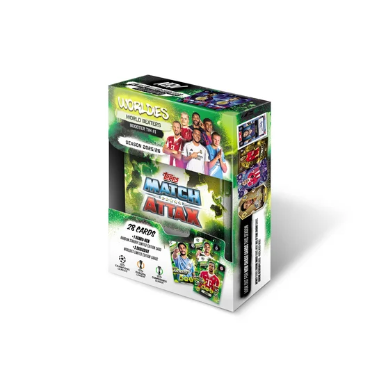 Topps Match Attax Champions League 25/26 Booster Mini Tin, Schwarz, Metall, 28 Karten + 4 Limited Edition Karten