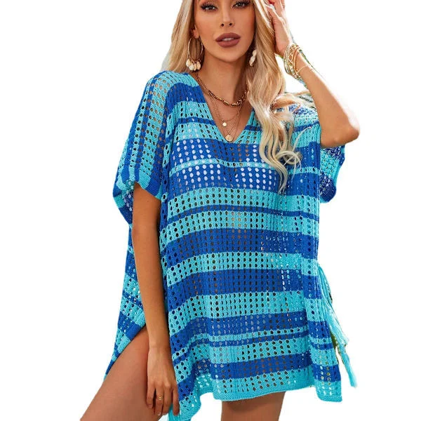 Stripet strikket cardigan strandovertrekk for kvinner, uthulet badetøysoverlegg med snøredetaljer, løs heklet tunika for sommerferie, bassengkanten