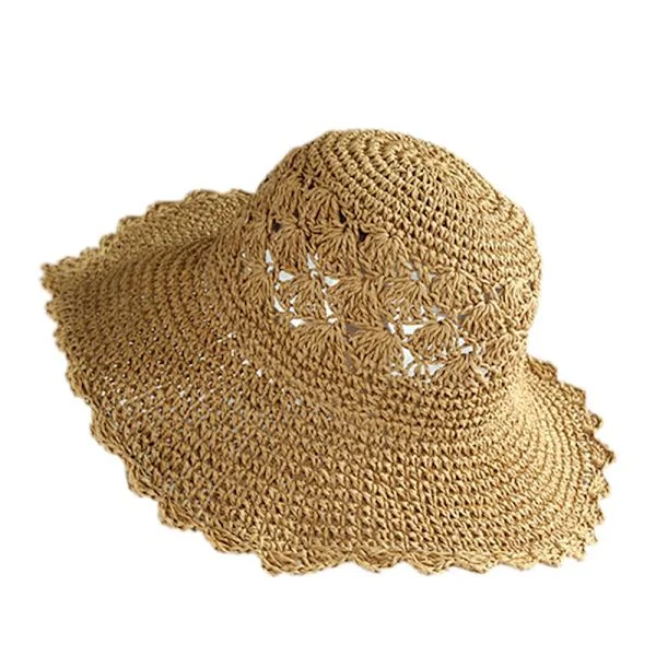 Halmhatt Dam Bred Floppy Brätte Solhatt UV-skydd Sommar Vikbar keps för fritidsresor Beige