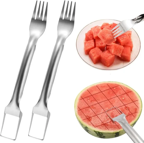 2 stk Vannmelon Gaffel Skiver Kutter, Rustfritt Stål 2-i-1 Vannmelon Gaffel Skiver, Portabelt Verktøy for Hjemmefest Camping Kjøkkenredskaper