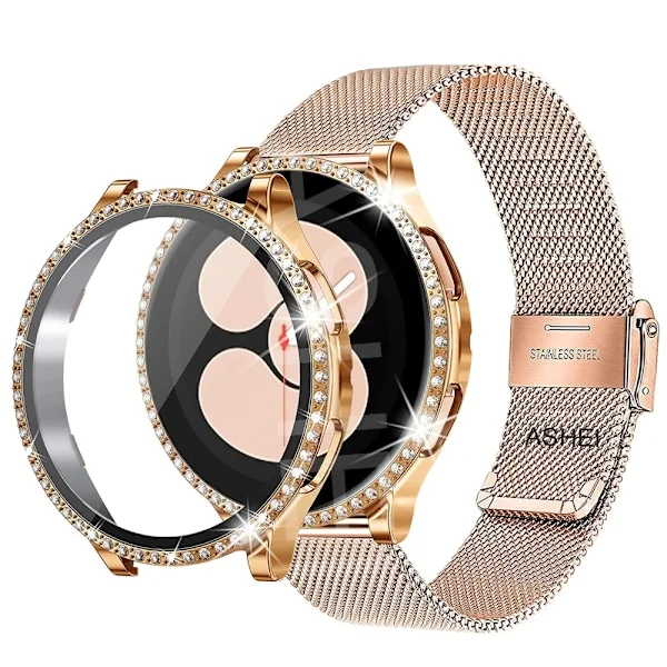 kompatibel med Samsung Galaxy Klokke 4 5 6 Rem Fall 40Mm 44Mm Mesh Loop Rustfritt Stål Stropp Bling Fall gull sett watch6 40mm