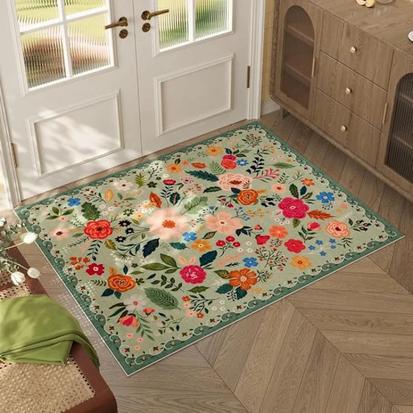 Dørmatte - Innendørs dørmatte - Trykt innendørs dørmatte - Maskinvaskbar - Lite teppe med blomstermønster - Sklisikkert lavt teppe - 40 x 60 cm - 