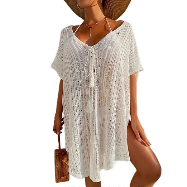 Dame badedragt solbeskyttelse cover up V-hals løs ærme strandtøj tunika kjole udhulet strandtøj sjal cover-up ferie beige Beige