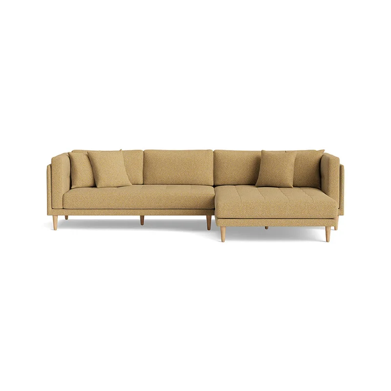 Cali chaiselong sofa, højrevendt - Puente Gul - 295x170x76cm - Sofa med dobbelt chaiselong, 4 pyntepuder & bøgetræsben i minimalistisk design