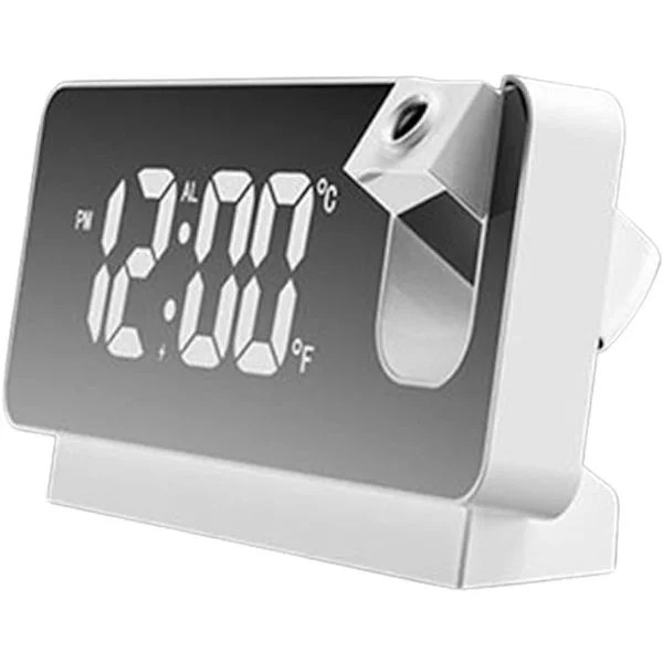 Digitalt vækkeur med projektor, snooze-funktion, dobbelt alarm, timer, USB, konvertibelt, lydløst elektronisk digitalt ur, hvidt
