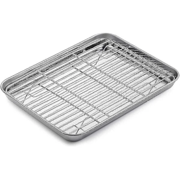 Stekebrett med rist, 26 x 20 x 2,5 cm rektangulær stekepanne i rustfritt stål, bakebrett for hjem og restaurant, oppvaskmaskinsikker og 