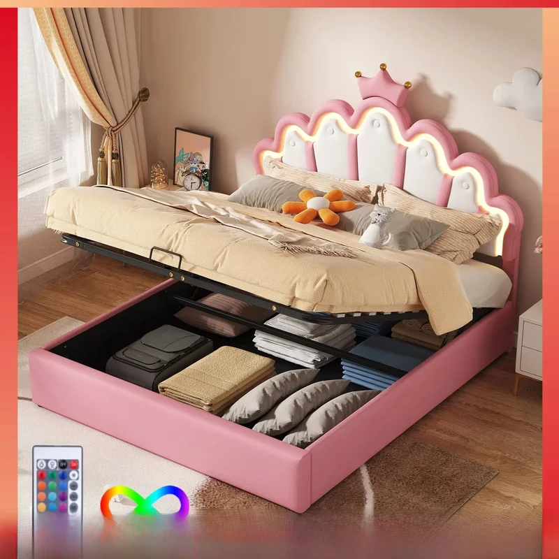 AliExpress - Upholstered Bed 140*200cm Single And Double Bed Crown Shaped Hydraulic Storage Bed Frame With Led Light For Youth And Children