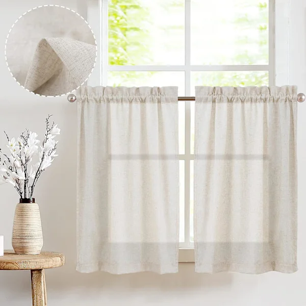 Beige Linen Kitchen Curtains - Farmhouse Cafe Curtains (2 Panels)