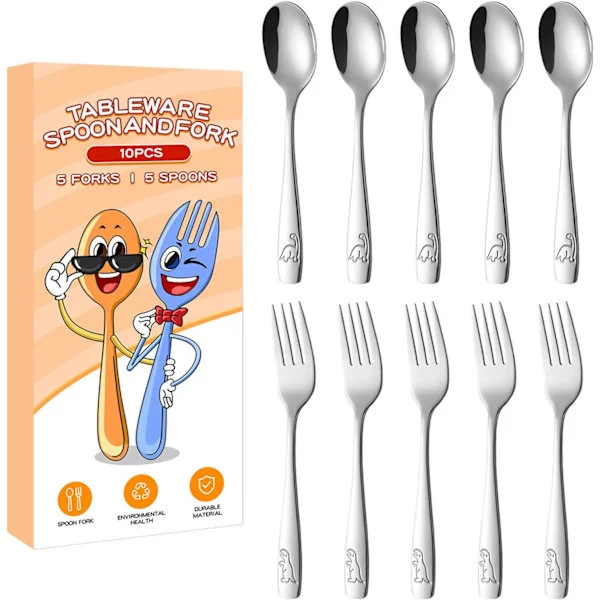 Barnebestikk - Kjøkken- og spisebestikk - Ergonomisk bestikk i rustfritt stål med gravert dinosaur - Inkluderer 5 gafler og 5 skjeer - for skolen
