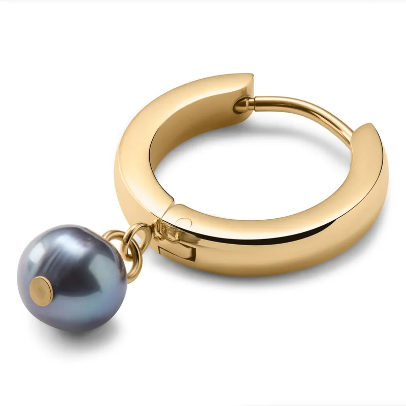 Ocatá | Aretes tipo argolla con colgante de perla plateada y negra para hombres - Pendientes de aro con colgante