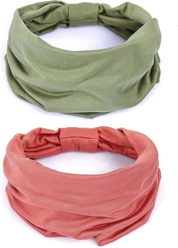 2 Pak Bredde Pandebånd til Kvinder Yoga Løbe Sport Fitness Pandebånd, Elastisk Blød Bomuld Bandanas til Piger (Grøn, Pink)
