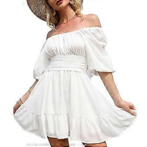 Vit M Dam Halv Lykta Ärm Knytband Rygg Klänning Volang Off Shoulder Mini Klänning För Sommar