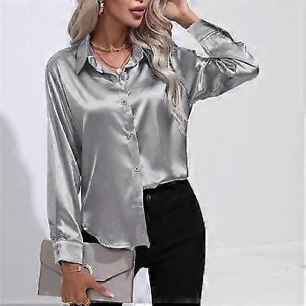 Vår Høst Sateng Bluse Imitert Silke Langermet Skjorte for Dame Plus Size Løse Topper (L sølvgrå)