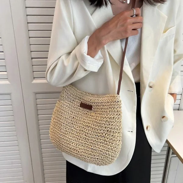 Women's Straw Shoulder Bag, Summer Straw Bag for Women, Beach Holiday, Stylish Casual Crocheted Zipper Bag
