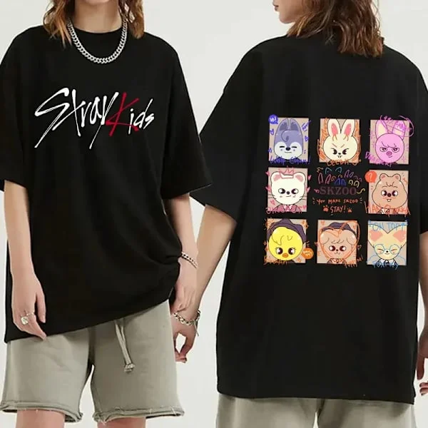 Hot 2025 Ny Stray Kids Trykk Dame T-skjorte Herre Mote Kortermet Casual Sommer Dame Topper T-skjorter TL45-Svart