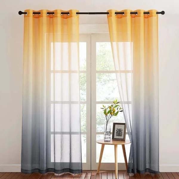 ??Vindusgardiner - Lin Gradient Voile Gardiner Stue Vakkert Gjengitt for Hjem Soveromsdekorasjon B 100cm x H 200cm Gul Grå 2-pakning