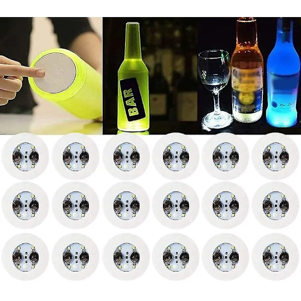 18 stk. LED-coaster, lysende coaster, LED-flaske-lys, LED-klistermærke-coaster-diske lyser op i hvidt
