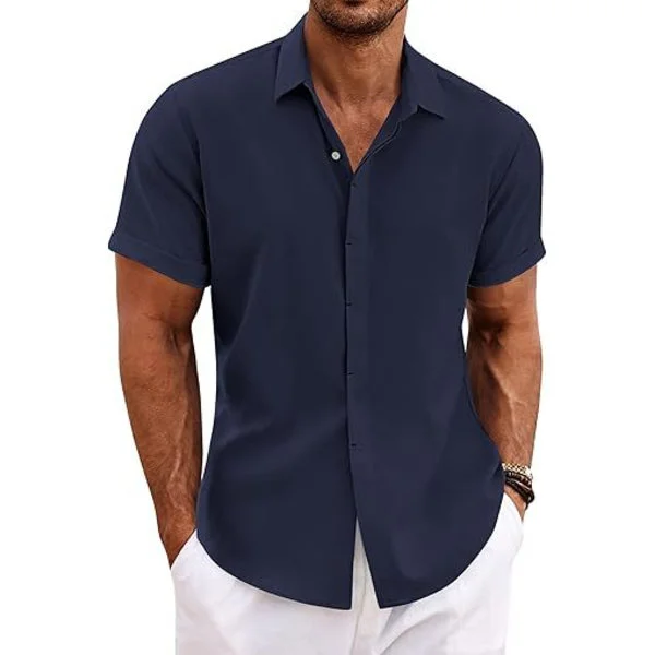 Hørskjorter til mænd Kortærmede afslappede skjorter Button Down skjorte til mænd Strand Sommer Mørkeblå