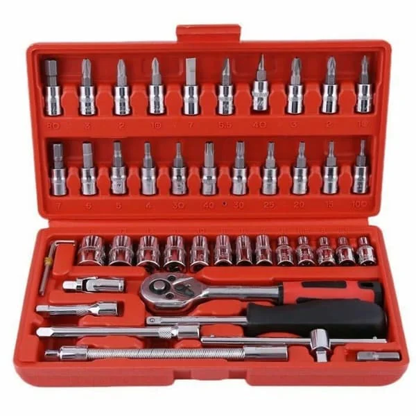 Pipesett, 46 deler 1/4" Skralle med verktøykasse, 4-14 mm Cr-V Pipesett, Skrutrekkerbits, Forlengere