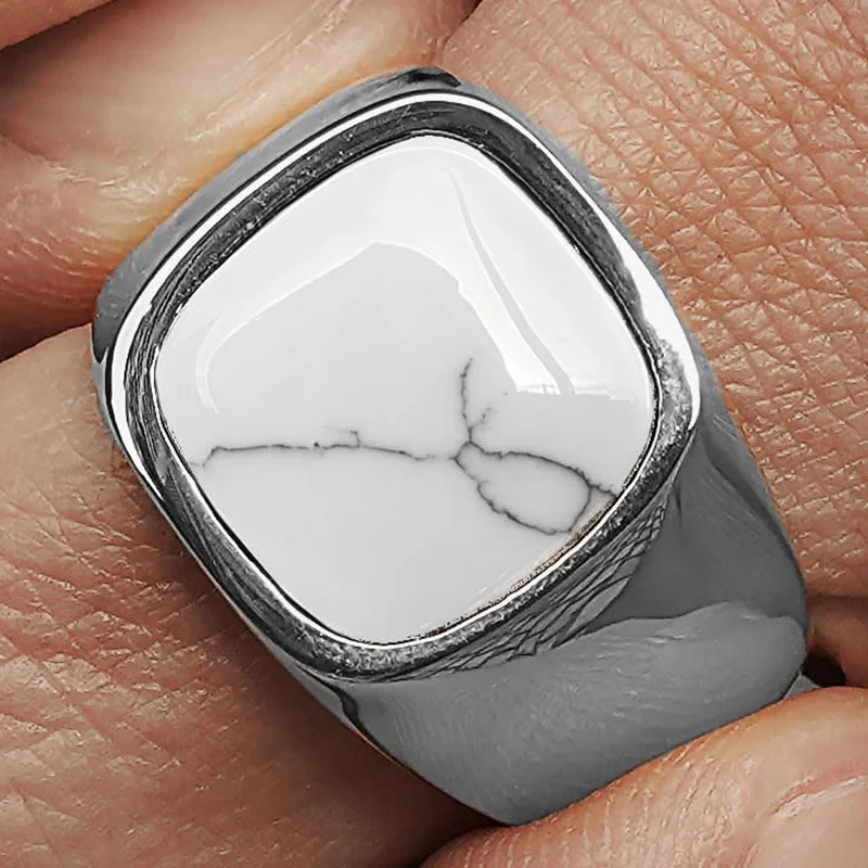 Len White Howlite Gravel Ring for Men - Rings with stones