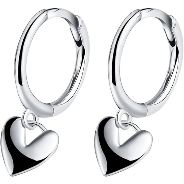 S925 Sterling Silver Hängande Örhängen, Små Huggie Örhängen Söt Hjärta Berlock Hypoallergena för Hennes Kvinnor Silver
