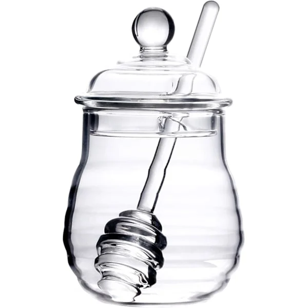 300 ml honningkrukke med skje og lokk i glass, honningkrukke med dipper, varmebestandig honningdispenser i glass, glassbeholder