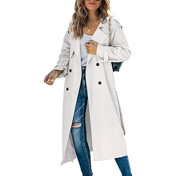 Dam dubbelknäppt lång trenchcoat, vindtät klassisk smal jacka VIT VIT{ROG} VIT