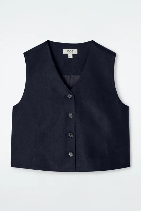 COS Women's Cropped Linen Waistcoat in Blue