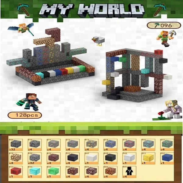 Minecraft byggeklodser, inklusive 128 stk. sekskantede magnetiske legetøj med 4 figurer-FQ-