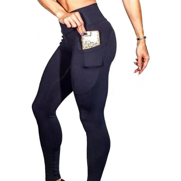 Yoga Leggings med Høyt Liv, Rumpe-løft, Sidelommer, Trenings- og Løpetights for Kvinner, Svart M