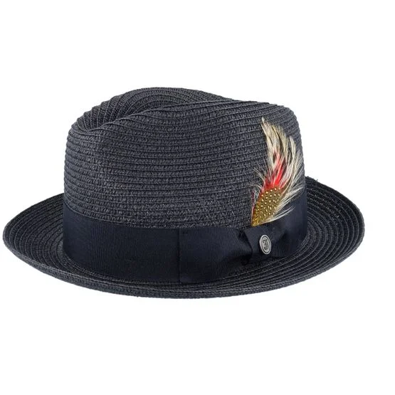 Jaxon & James - Black straw Kapelusz - Pinch Crown Toyo Braided Trilby Black Straw Hat @ Hatstore