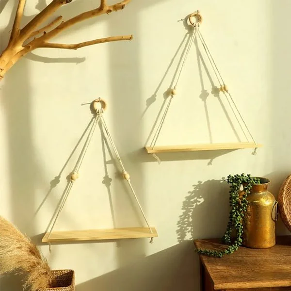 2x seinähylly puuhylly seinä boho sisustus riippuva hylly makramee seinäkoriste parveke kylpyhuone olohuone käsin kudottu kelluva hylly