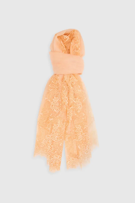 Ermanno Scervino Orange pure cashmere stole with fine rebrodé lace trim
