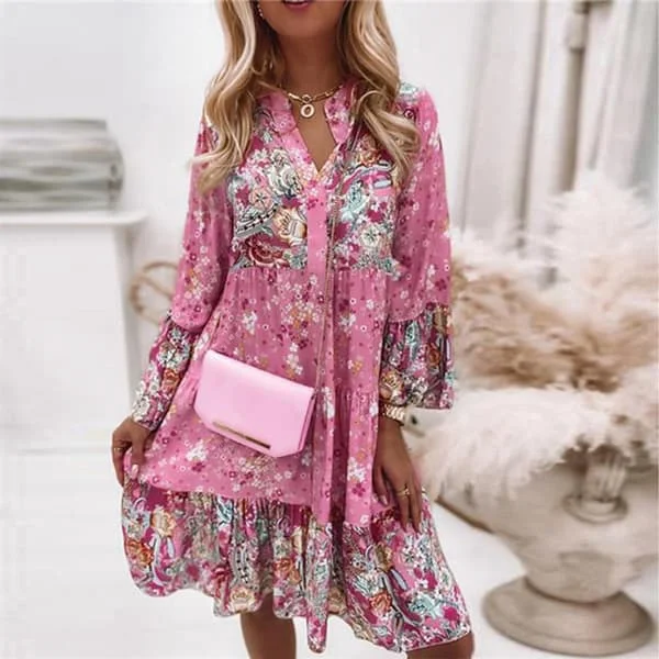Women Long Sleeve Floral Print Beach Mini Dress Pink 2XL