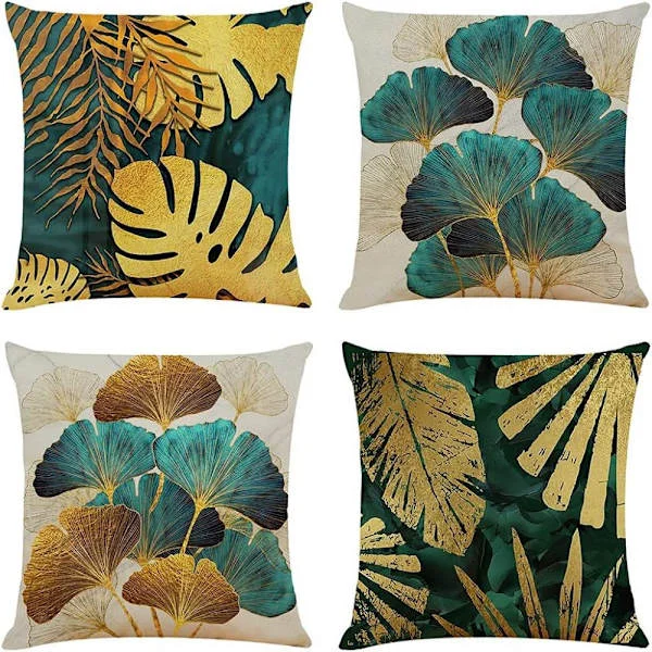 Decorative Cushion Cover, 50 x 50 cm, Set of 4, Petrol Gold, for Garden Lounge, Sofa, Outdoor Sofa Cushions, Country Style, Linen